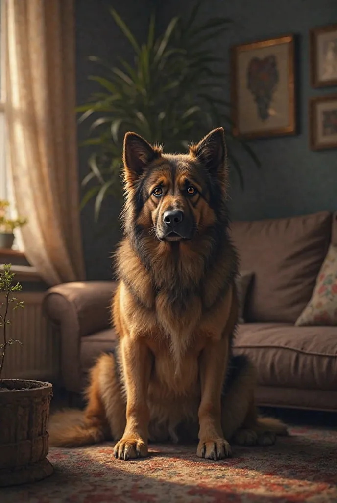 Realistic dog, extremely sad, his gaze lost in the void, the scene is a cozy living room with warm lighting. 