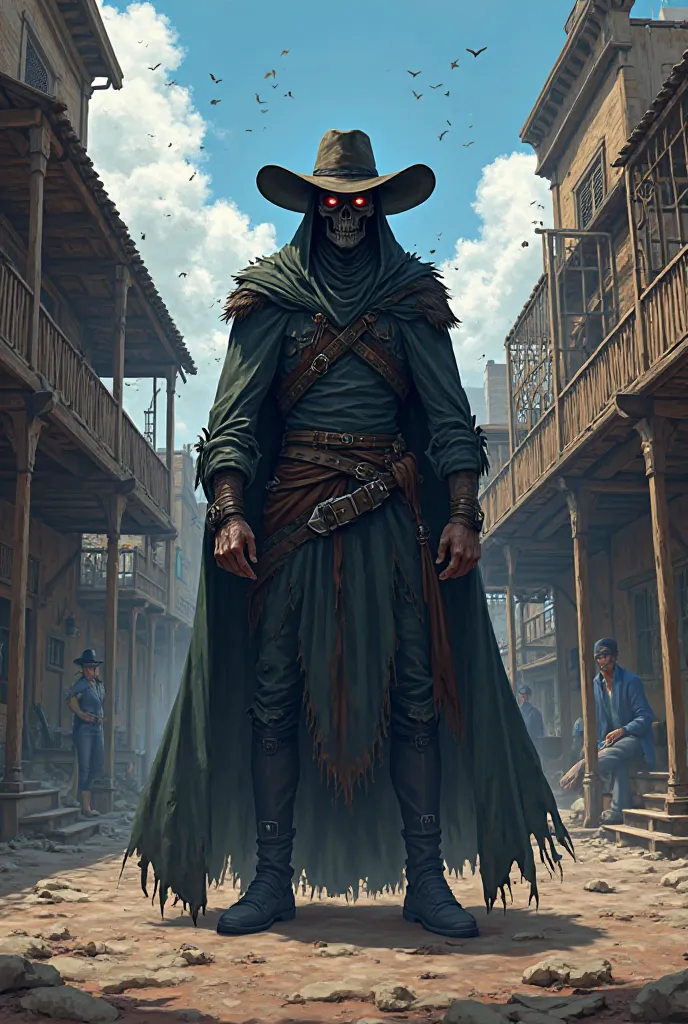 Anime-style full-body illustration of the Grim Reaper standing menacingly in the center of a Wild West town square at noon. He possesses a muscular build, exuding strength and intimidation. His attire includes a wide-brimmed cowboy hat casting a shadow ove...