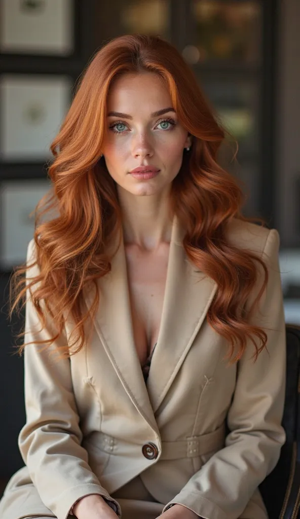 CAUCASIAN WOMAN, Nordic, long wavy reddish hair, green eyes,  slapped nose, 1.60 mts. 55 kilos, Slim waist, curly eyelashes , diamond face, You are wearing a tailor suit , color beige, you have a portfolio in your hand, you are sitting in an executive offi...