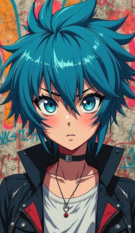 Anime drawing of a punk woman with blue hair drawn in great detail a masterpiece background graffiti large picture very dark and rebellious 