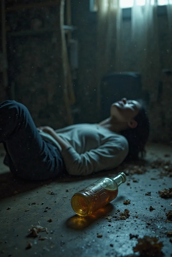 An empty alcohol bottle and a person lying on the floor