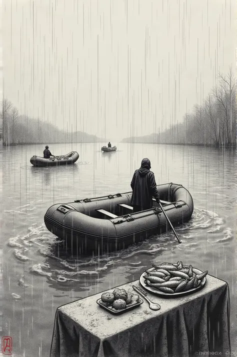 More, grim, rain, inflatable boat, table with fish and bread everything in pencil 