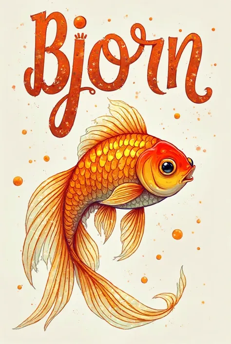 A goldfish in a stylized drawing with Bjorn written