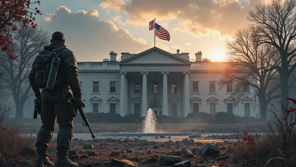 create an image of the game the division 2 with the agent looking at the ruined white house, the tattered flag of the united states, with dark colors in the style of ghotan city, and add the name the division 2 original in the image