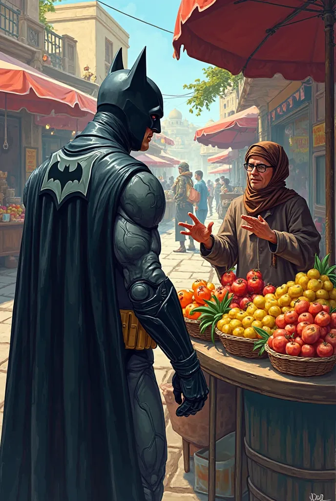 Albistan 'iidfans Batman is buying a fruit basket from him and behind him is Albistan 'iidfans 