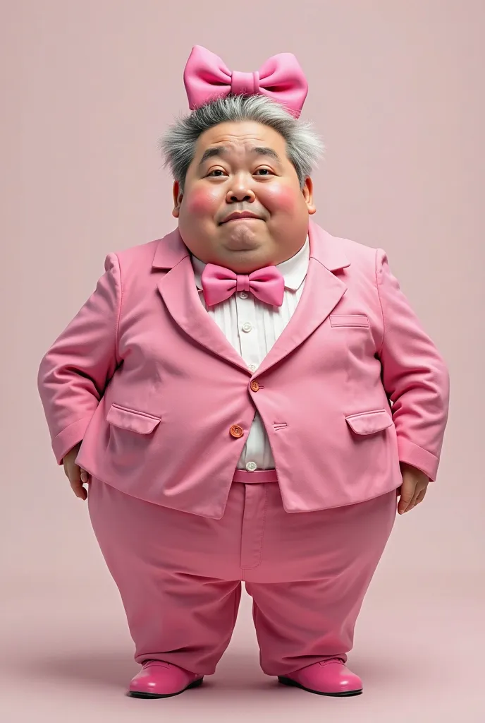 Overweight short man dressed in pink with pink bow tie clasp on head with sparse white and black mixed hair color