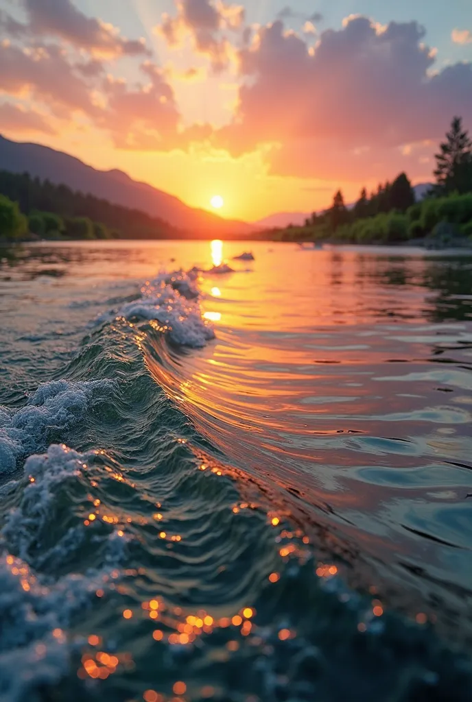 Ocean waves reflecting yellow, orange pink and purple hues sunset in call river water with little bit of greenary around with a few lotus in the river. Greenary more clear and bright visible sun rays through them. And sky a bit bluer