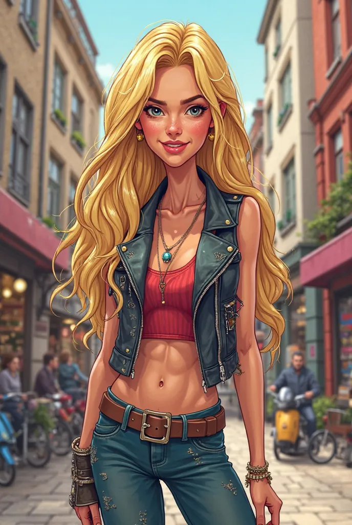 Create a cartoon with a blonde from Brussels Belgium with nose piercing and biker vest named Solange