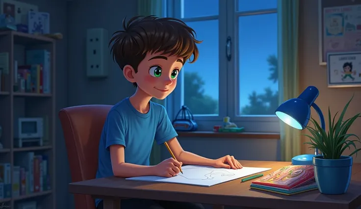 Continuation of style and character. The  is in his room is sitting on a brown chair, in front of him is a white mass, on the table is a box of colored pencils, on the window no light enters, este noapte, the room is illuminated by the blue lamp on the tab...