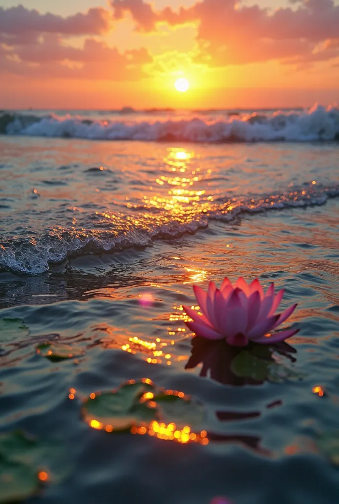 Ocean waves reflecting yellow, orange pink and purple hues sunset in call river water with little bit of greenary around with a few lotus in the river. Greenary more clear and bright visible sun rays through them. And sky a bit bluer