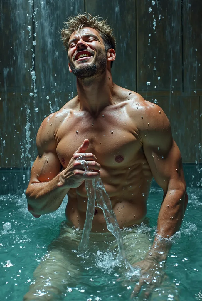 the men gym cum with his penis by his hand in sperm pool ,water of cum and rivers of cum like  sperm flows on his face and his body