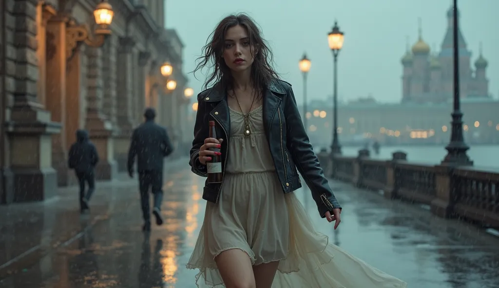 a drunk girl in a dress and a leather jacket walks with a bottle of wine in her hand, along the embankment of St. Petersburg, in the rain,