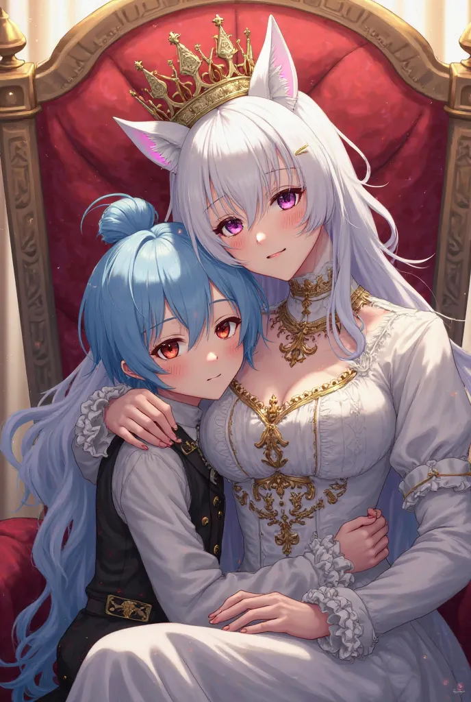 anime: light-skinned young boy with light blue hair tied in a bun hairstyle and red eyes, tall adult woman with white hair purple eyes with cat ears , Embracing the woman on a throne with a king and queen crown, in addition to elegant clothes 
