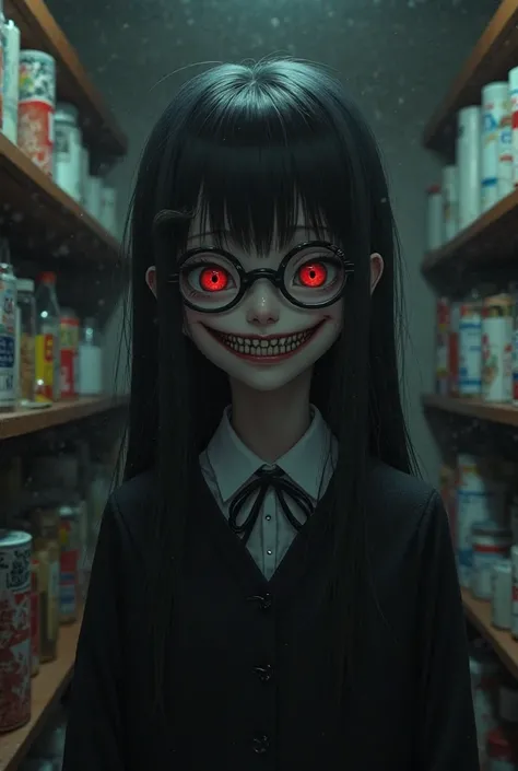 schoolgirl girl. Black hair, glasses,  red red red eyes . It stands in the background of the pantry. Black Japanese school uniform. A very crazy smile.