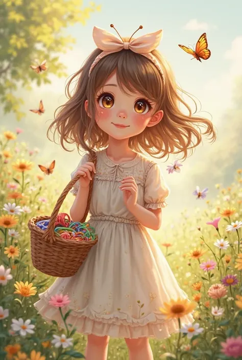 A very cute and pretty  with brown eyes and brown hair with a bow on her head carrying a basket with hair ties walking on a field with flowers and butterflies 
