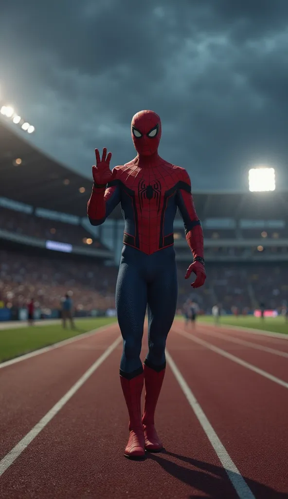 "A hyper-realistic version of Spider-Man standing on a running track, making a hand gesture as if asking to stop. The scene takes place at night, with the sky overcast, creating a dramatic and tense atmosphere. The shadows are deep and intense, and the HDR...