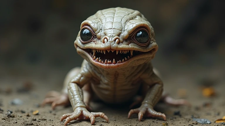 A grotesque, short alien, barely reaching 50 cm in height, with an almost amphibian appearance. Its skin is wrinkled, grayish-brown, and slightly translucent. Its wide, gaping mouth is filled with needle-like teeth, giving it a disturbingly predatory look....