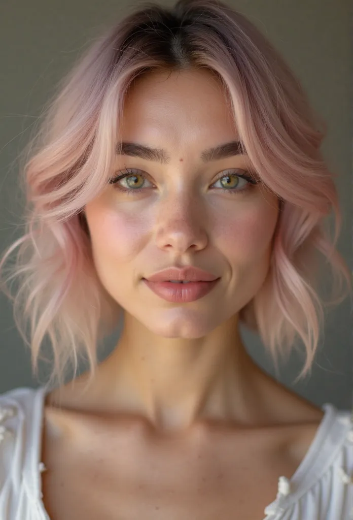 Ultra-realistic 4K portrait of a 20-year-old Colombian woman with fair skin and natural, moderate beauty. She has light pink-toned hair styled in a soft, elegant way. Her facial features are soft and balanced, with a sexy, confident expression that conveys...