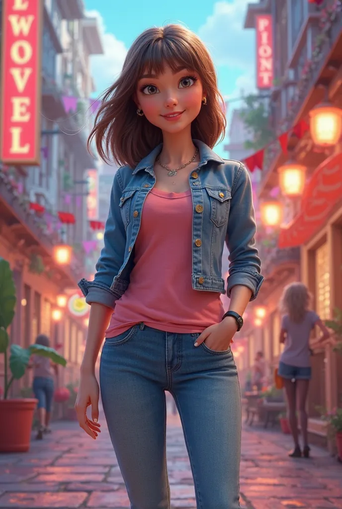 3D Disney Pixar style poster, mulher com pele clara, straight brown hair, jeans jacket, pink blouse,  jeans, wearing shoe , DO YOU WORK WITH PHOTOGRAPHY