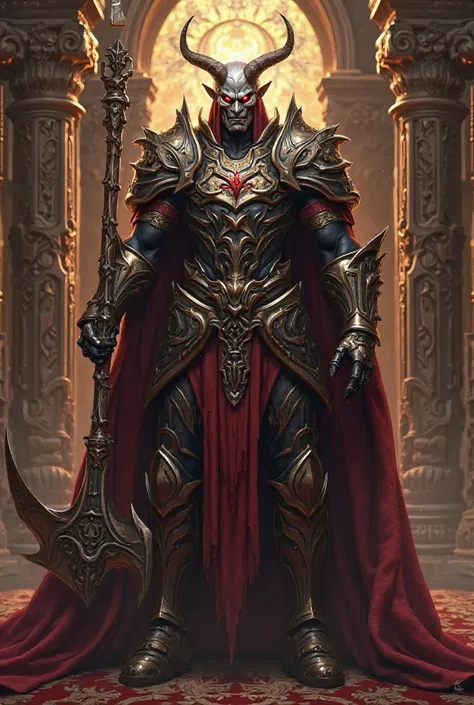 Create an image of Darius, a character from LOL with the divine king skin and with the face of a demonic assassin