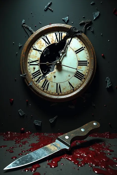 A clock with Roman numerals on a black background, cassée avec des bouts de verre autour, A knife next to it and blood everywhere