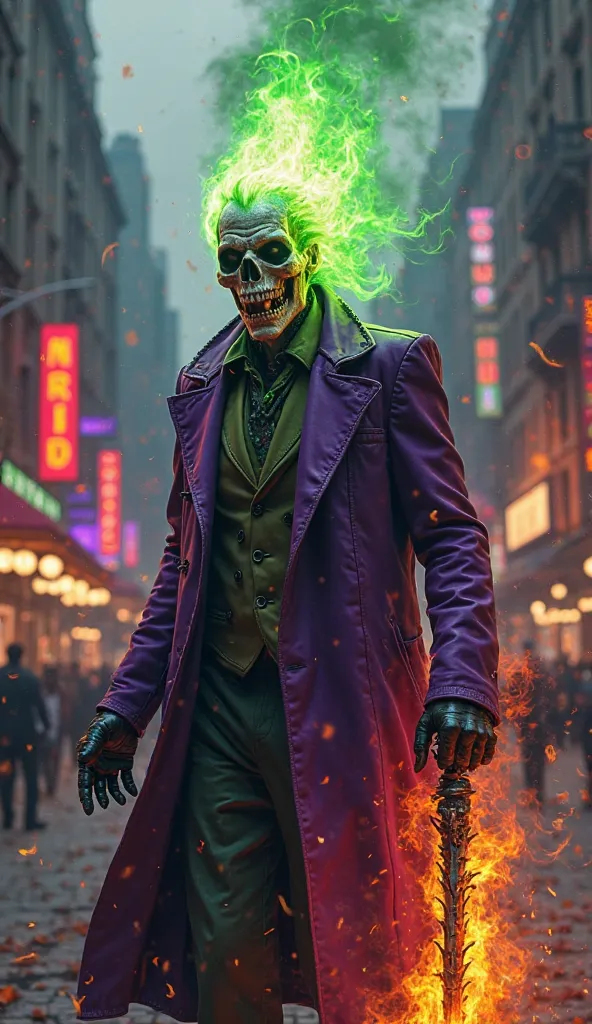 A nightmarish fusion of Ghost Rider and Joker, standing amidst a city burning with chaotic energy. His skull is engulfed in green and purple flames, his eternal grin twisted into something both menacing and insane. His charred purple trench coat sways as h...