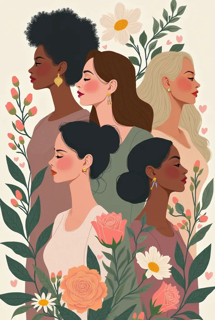 2D illustration for International Women's Day, combining delicacy and strength. Depict a group of diverse women, surrounded by botanical elements, such as soft flowers (roses, lilies, daisies) and elegant foliage. The composition should convey harmony, fem...