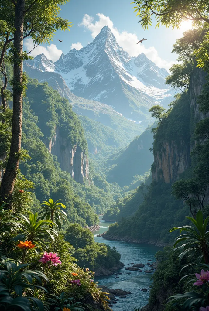 But in a jungle landscape with mountains in the background