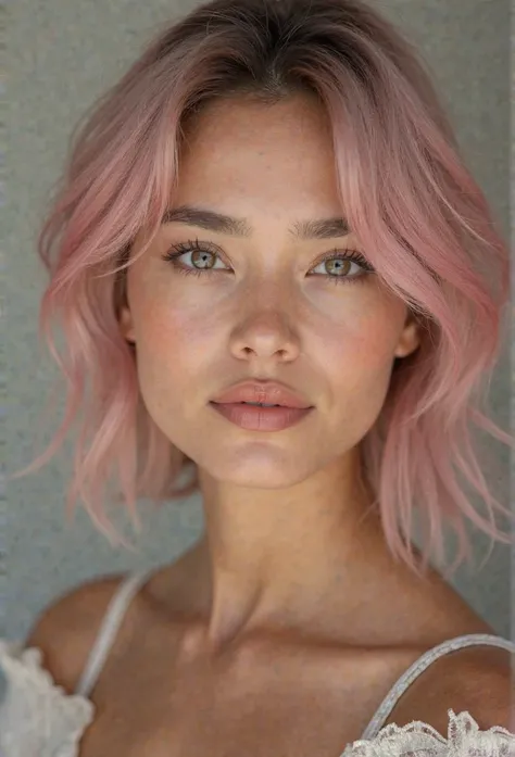 Ultra-realistic 4K portrait of a 20-year-old Colombian woman with fair skin and a unique, striking beauty. She has light pink-toned hair styled in a soft, elegant way. Her facial features are distinctively Latina, with a well-defined jawline, full lips, an...