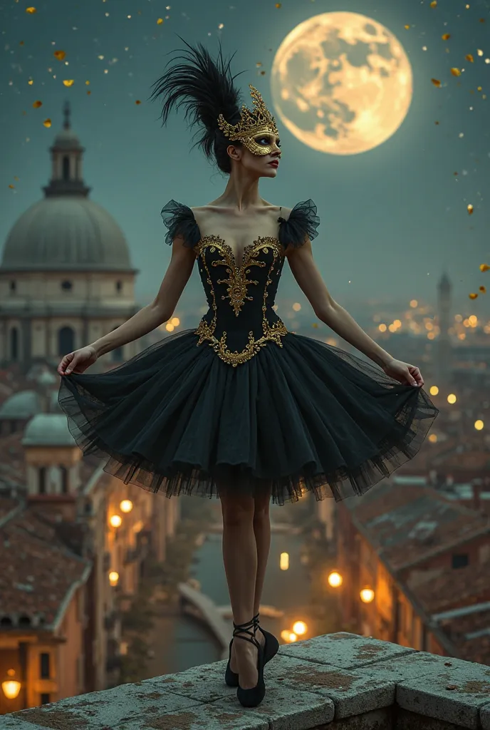 A surreal full-body portrait of a mysterious ballerina standing on the rooftop of an ancient Venetian building under the glow of a full moon. She wears an elegant black tutu with intricate gold embroidery, its fabric catching the soft moonlight as it billo...