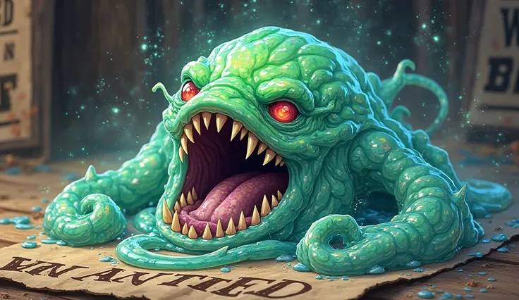 A voraciously gaping Slime in an anime style, featured on a wanted poster from the Old West. This unique creature is depicted with a wide mouth and vibrant colors, giving it a playful yet menacing appearance. The poster appears to be a digitally rendered i...