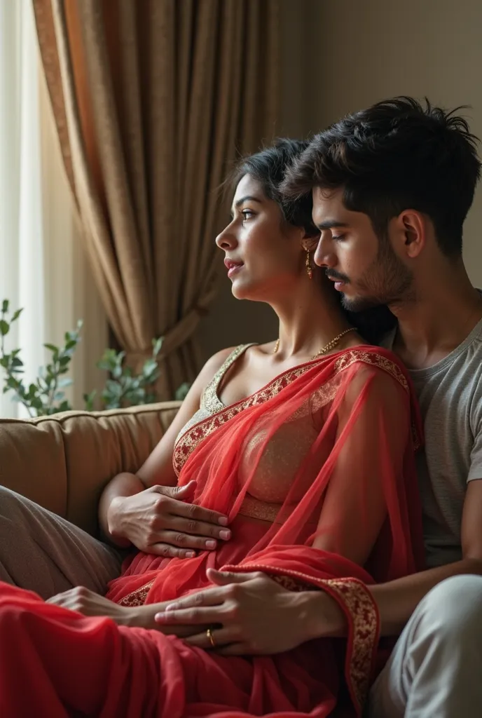 realistic, indian brother and sister at home, sitting on couch at home. young boy and young girl, she is on top of him revealing her breast, she is wearing a sheer transparent red sari, showing open breast, man touches her breast, man grabs her breast, det...