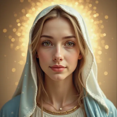 A highly detailed, photorealistic close-up portrait of the Virgin Mary, designed for a profile picture. Her face radiates serenity, compassion, and divine grace, with soft, delicate features and gentle, expressive eyes filled with love and wisdom. Her skin...