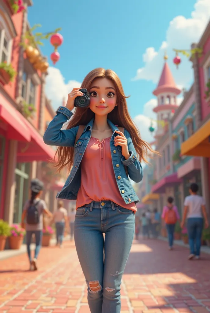 3D PIXAR STYLE POSTER, mulher com pele clara, straight brown hair, jeans jacket, pink blouse,  jeans, wearing shoe , PHOTOGRAPHING PLACES