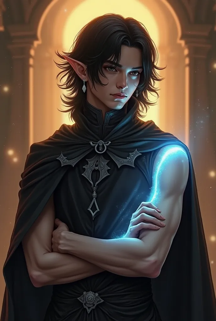 Full figure, warm light. A twenty five years old man with black, wavy, shoulder-length hair and elf ears. He wears a black cape over a black tunic with gray decorations; his left arm is sleeveless and is crossed by clear bright blue line that starts from t...