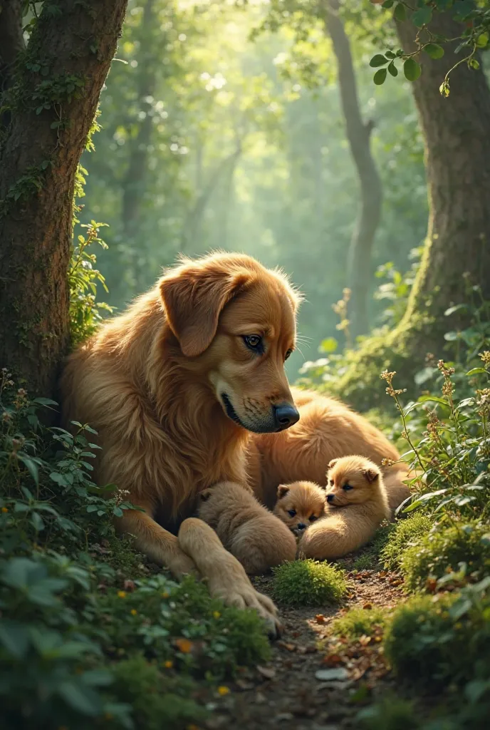 1.	In the deep forest, under the strong blowing wind, a mother dog gave birth to her puppies.