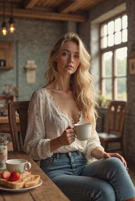 A blonde model realistic woman with long wavy hair wearing a broderie shirt with  jeans and boots she is in the farm house having tea and some toast with strawverrie helly