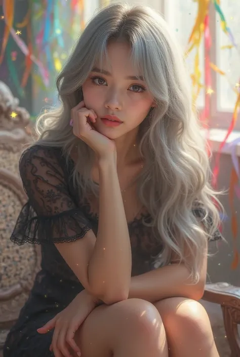 best quality .A realistic portrait of a young woman sitting on a chair. She has long-length, silver-gray hair with soft waves and see-through bangs. Her eyes are large and expressive with a gentle gaze. She wears a semi-transparent black blouse with short ...