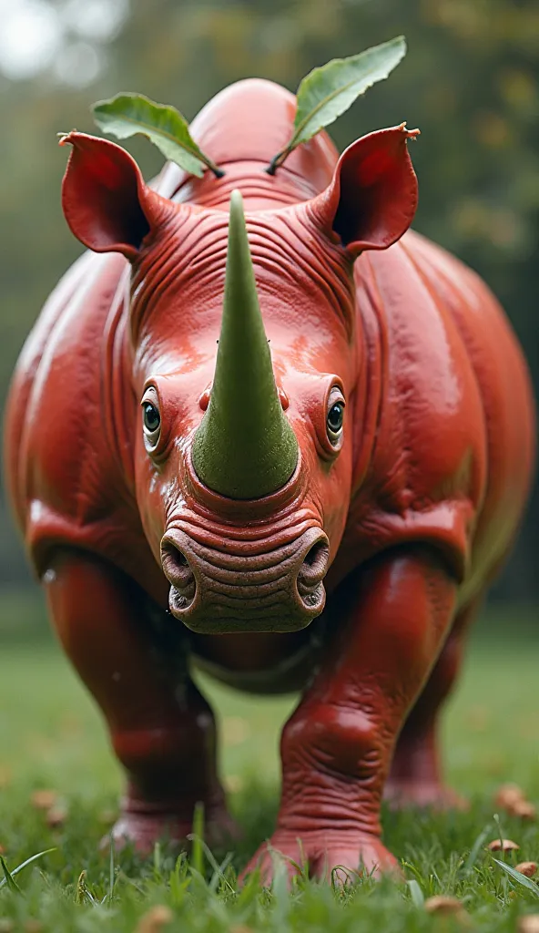 An impressive hybrid creature that combines the strength of a rhinoceros with the vibrant appearance of an apple. Its body is robust and powerful like that of a rhinoceros, but its skin has a smooth and shiny texture, reminiscent of the skin of a red and j...