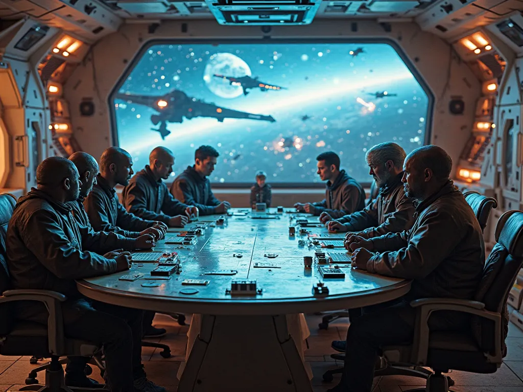 A group of humans and aliens sit at a large round table on a space station, playing board or video games. Strategic battles or simulations are projected on the screen, and there is complete freedom and an informal atmosphere around. Bright lighting emphasi...