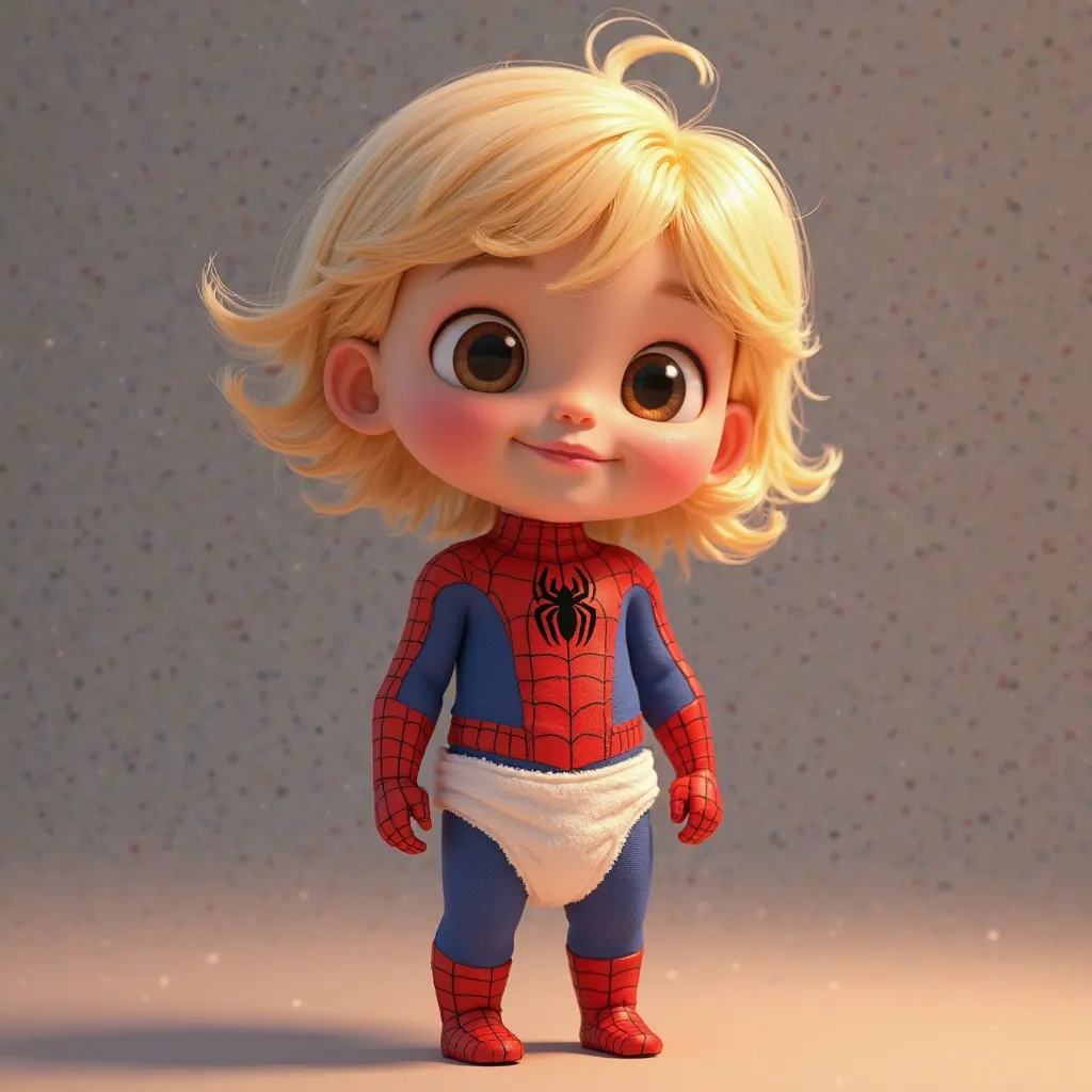 A Pixar Disney little blond girl dress as Spiderman  with a baby diaper 