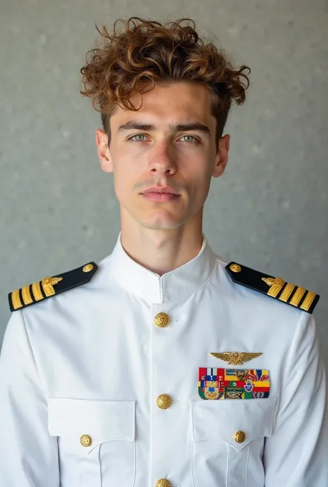 Create photo of a 19-year-old curly haired white man wearing White Clothes with medals Captain of the Brazilian Navy, name on velcro Igor 