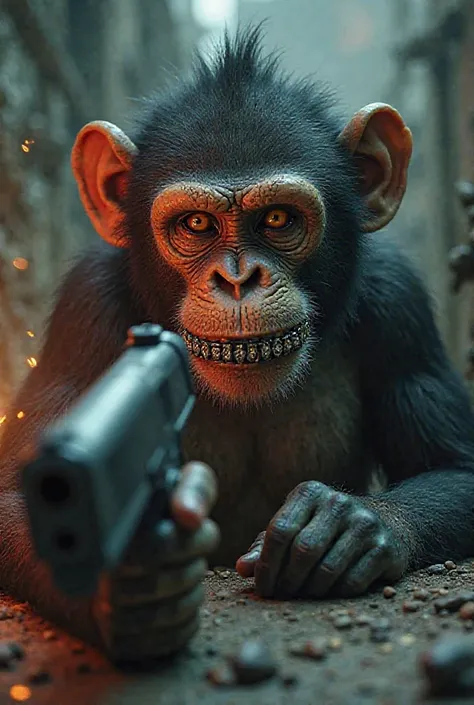 realistic quality photo monkey in grills in Ukraine and gun in hands in cocaine plays computer