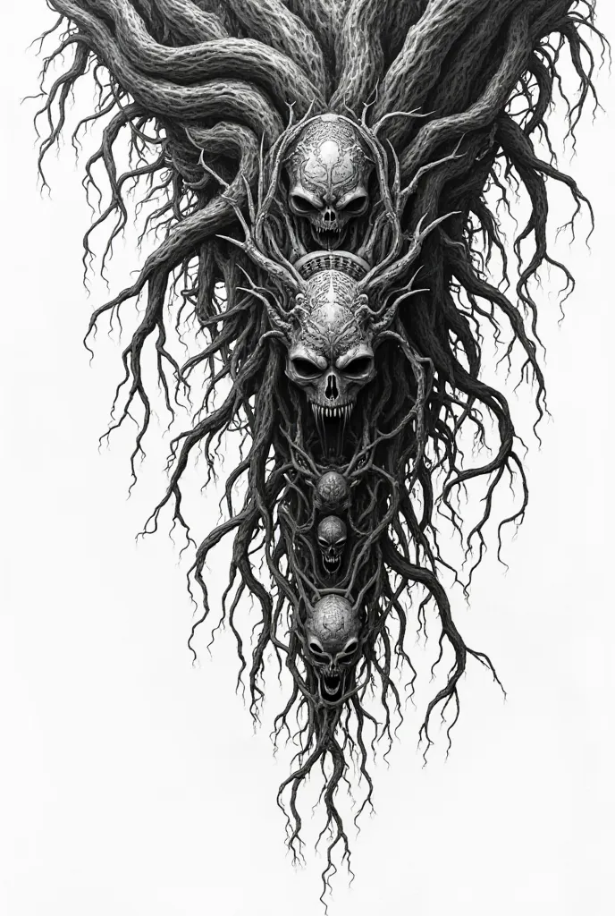 Gloomy hanging diagonal roots, with the face of a demon, and tapering down with the skulls of evil animals. in black and white on a white background. Diagonal tattoo sketch.