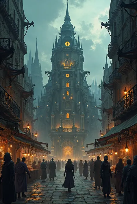 I need a picture of a dnd undercity town square in dark fantasy with a tall building that is a night club called the ivory tigress