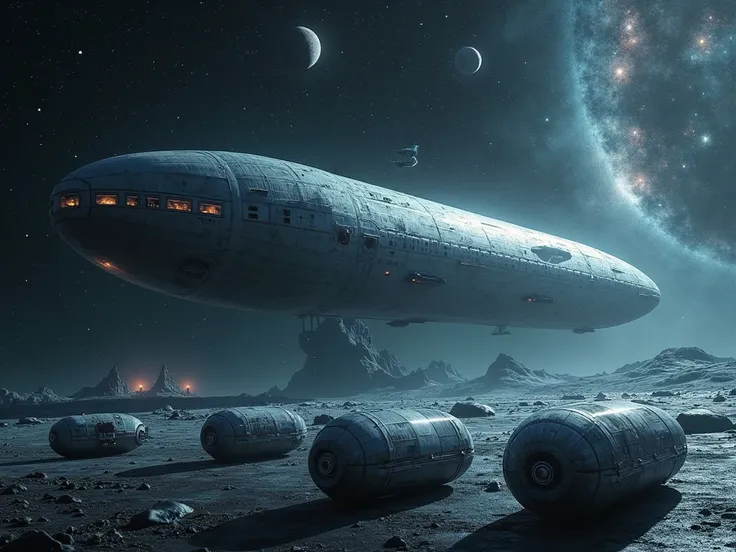 A huge spaceship floating through dark space, passing stars and planets. In the foreground are images of large frozen capsules in which people are in a deep sleep, ready to wake up. In the background is a huge galaxy where alien ships and civilizations are...