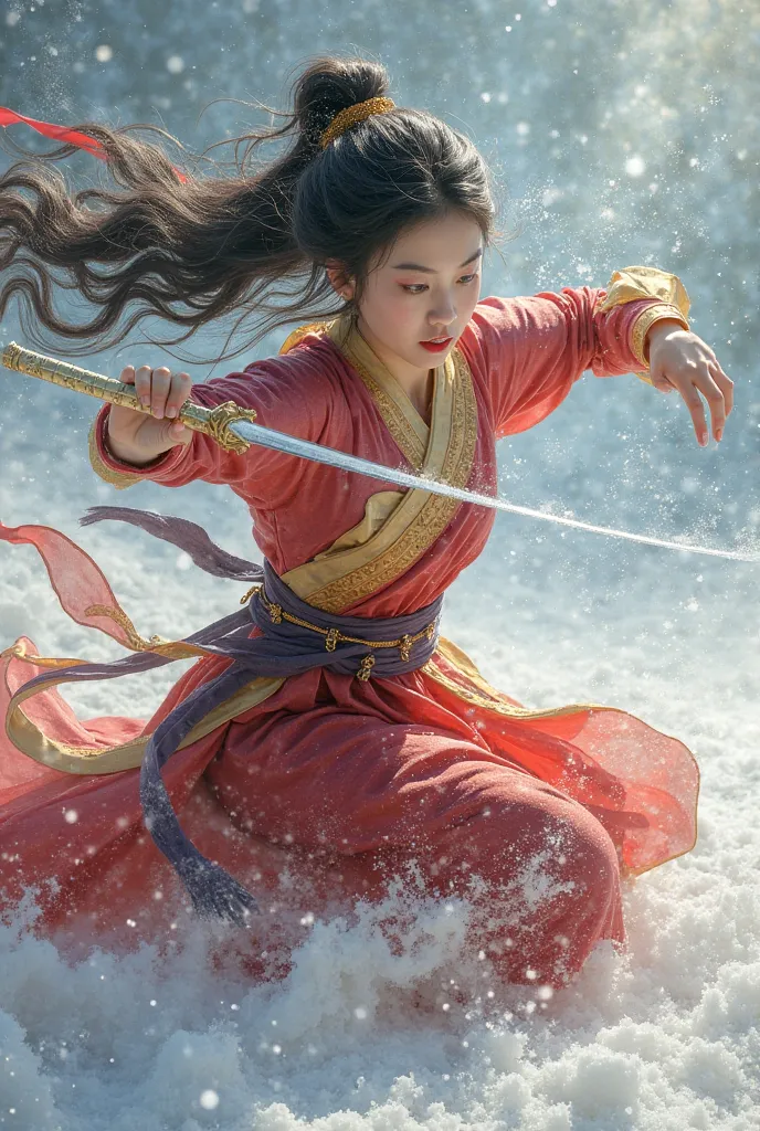 A beautiful oriental girl with wavy, long hair and traditional oriental colorful clothing fights in the snow with her dagger
