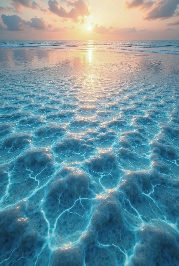 A stunning, surreal beach scene where the ocean’s surface forms a perfect, shimmering blue and white chessboard pattern. The sky is golden with hints of pink, and the reflection of the square waves creates a mesmerizing mirror effect.