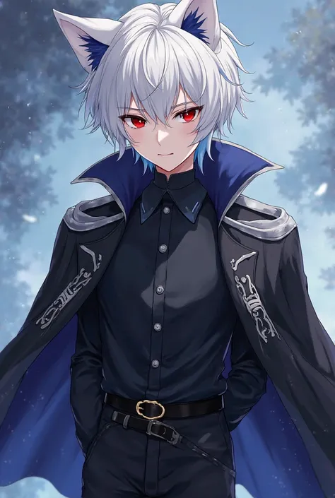 anime: Platinum-haired young boy with blue highlights cat ears,, Red eyes wearing a black shirt with a dark prince-style overcoat and black pants, beautiful quality, Perfect composition of the painting 