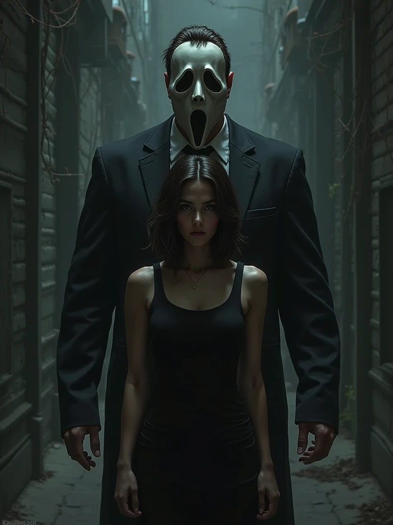 A drawing of dark brown short hair girl wairing a black short dress standing with a big muscler man in a dark suit wearing a ghostface mask behind her